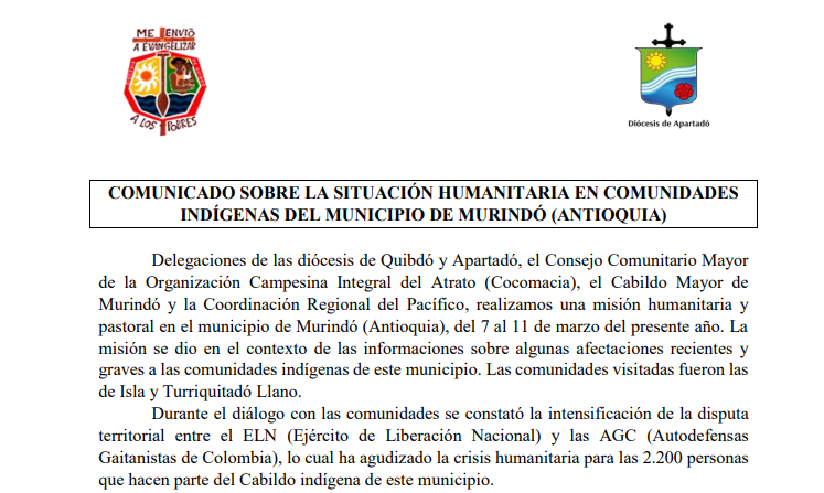 Comunicado a la opinión pública: Situación humanitaria en las comunidades indígenas del municipio de Murindó, Antioquia